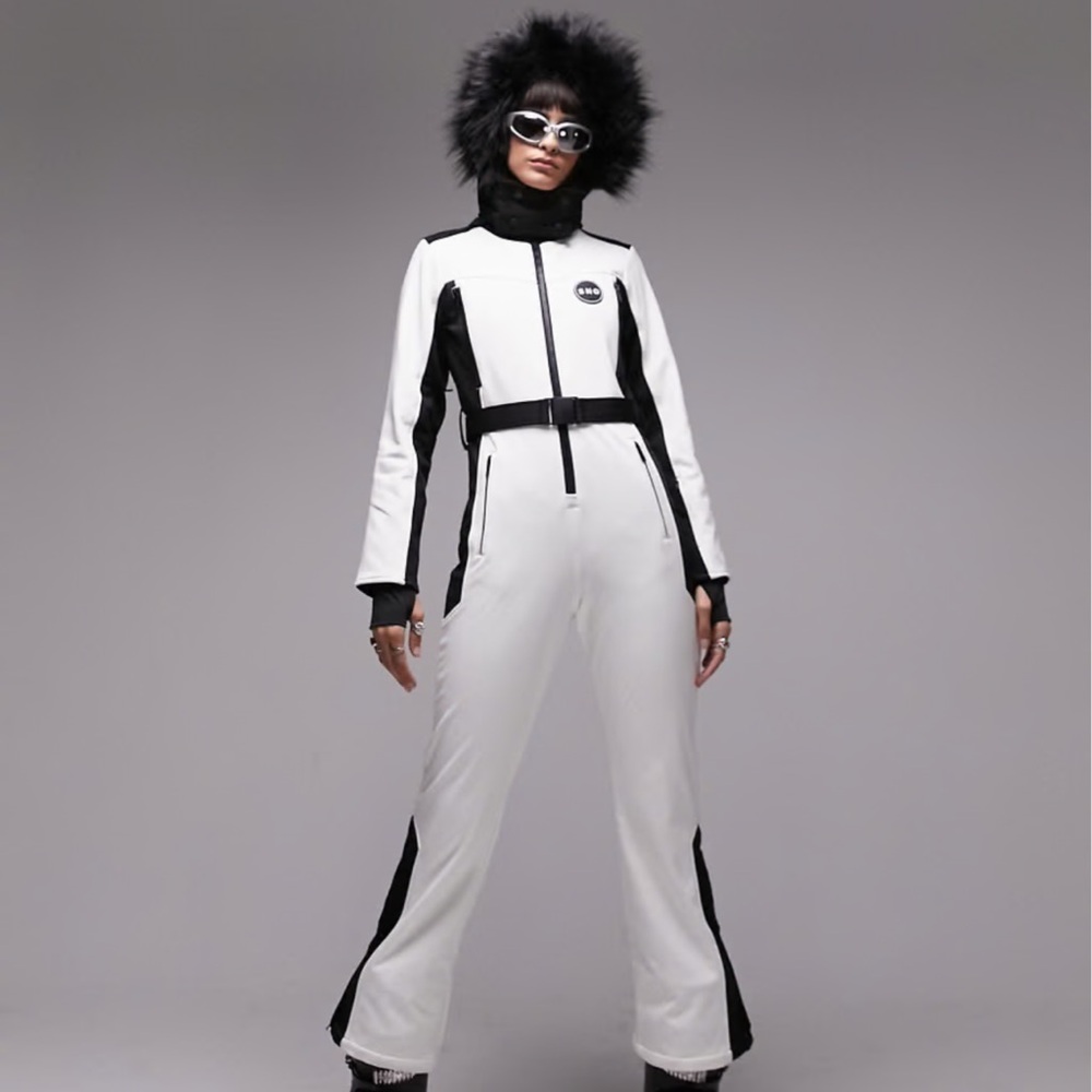 ASOS Topshop Sno White and Black Ski Suit with Fur Hood